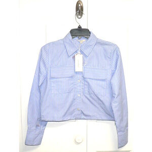 Sim + Sam Womens Long Sleeve Button Front Draw Cord Hem Top Blue White XS $34
